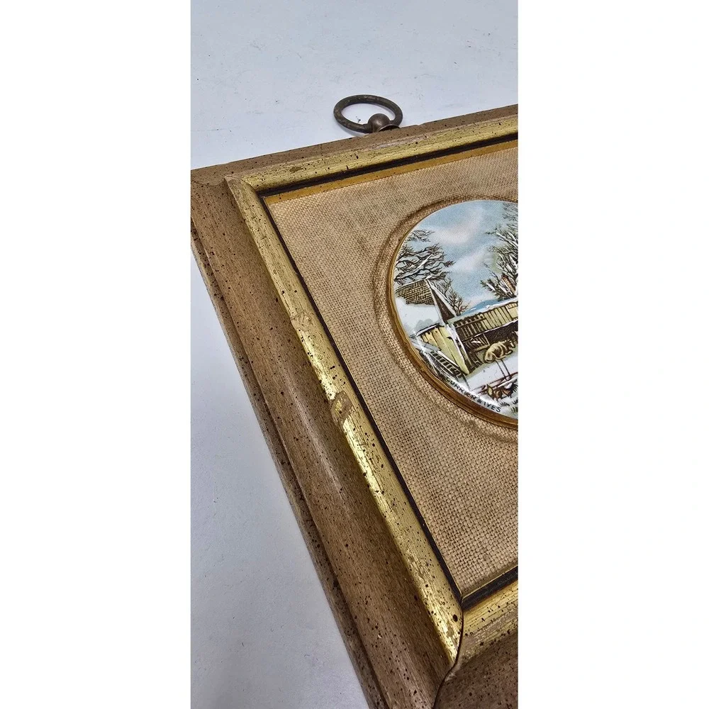 Vtg Sungott Studios porcelain tile w/24k gold trim hand enameled wall plaque